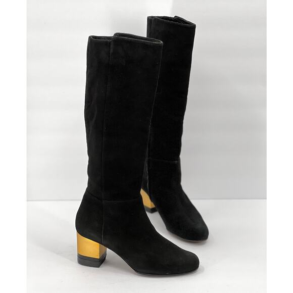 FENDI Boots Womens 38.5 Black Suede Knee High Tall Block Heeled Shoes Gold - Picture 1 of 13